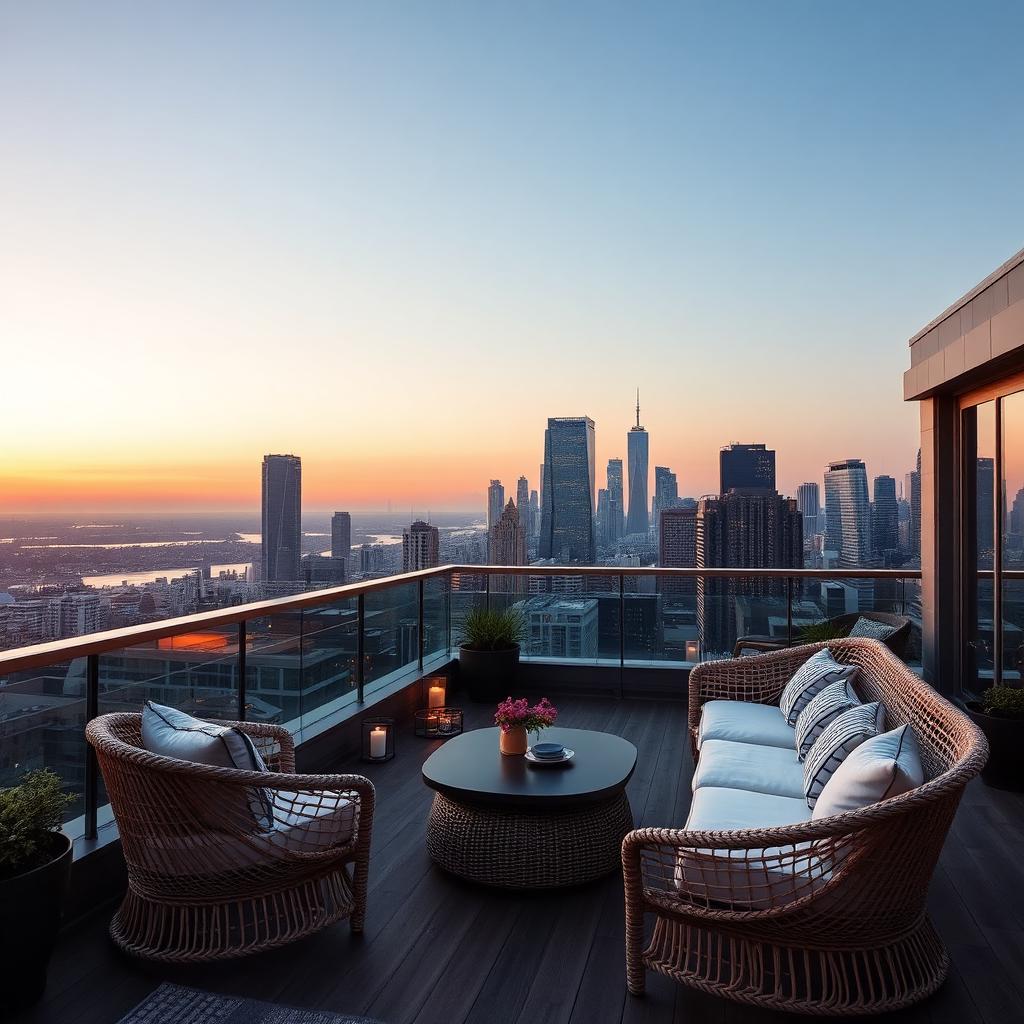 Estar externo em cobertura com vista para a cidade ao entardecer