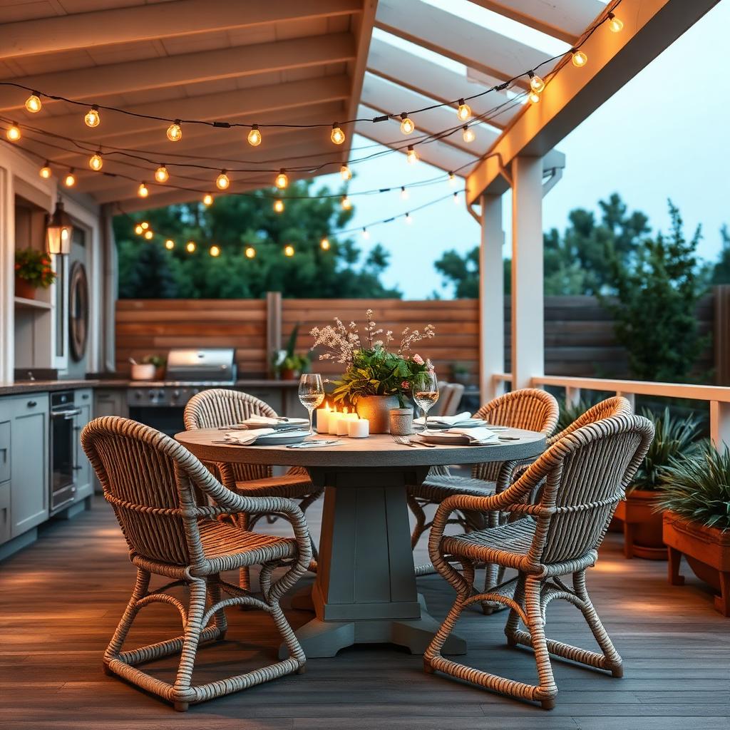 Mesa de jantar externa com cadeiras trançadas em área gourmet iluminada