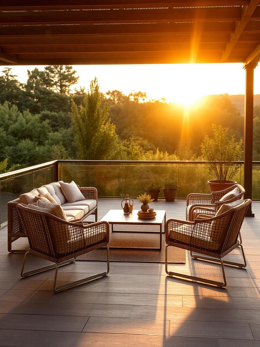 Conjunto completo de sofá, poltronas e mesa de centro em terraço