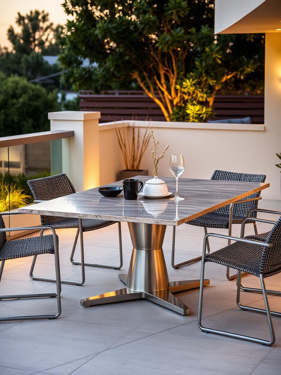 Mesa de jantar externa com base em alumínio e tampo em pedra